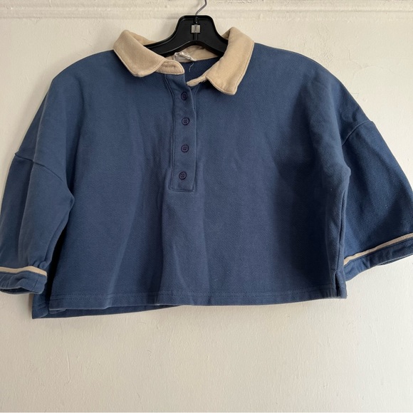 Mo Vint cropped open collar loose fit  top size Small blue. - Picture 8 of 10
